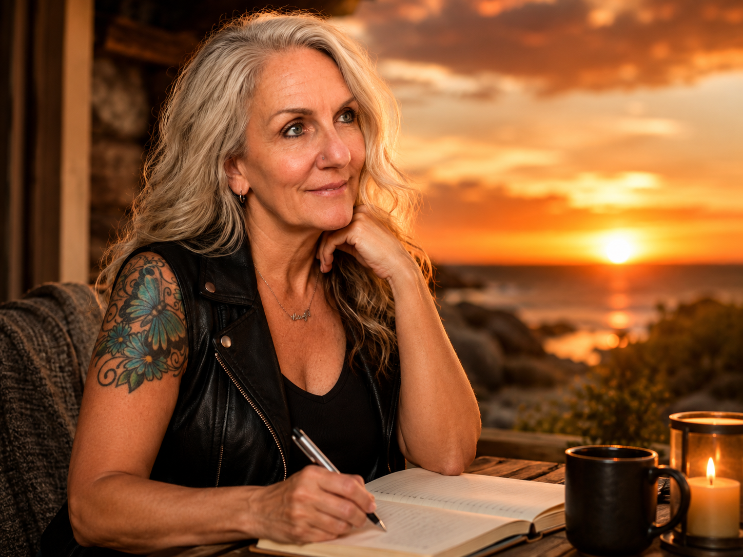 Cindy journaling at sunset by the ocean, living her everyday life