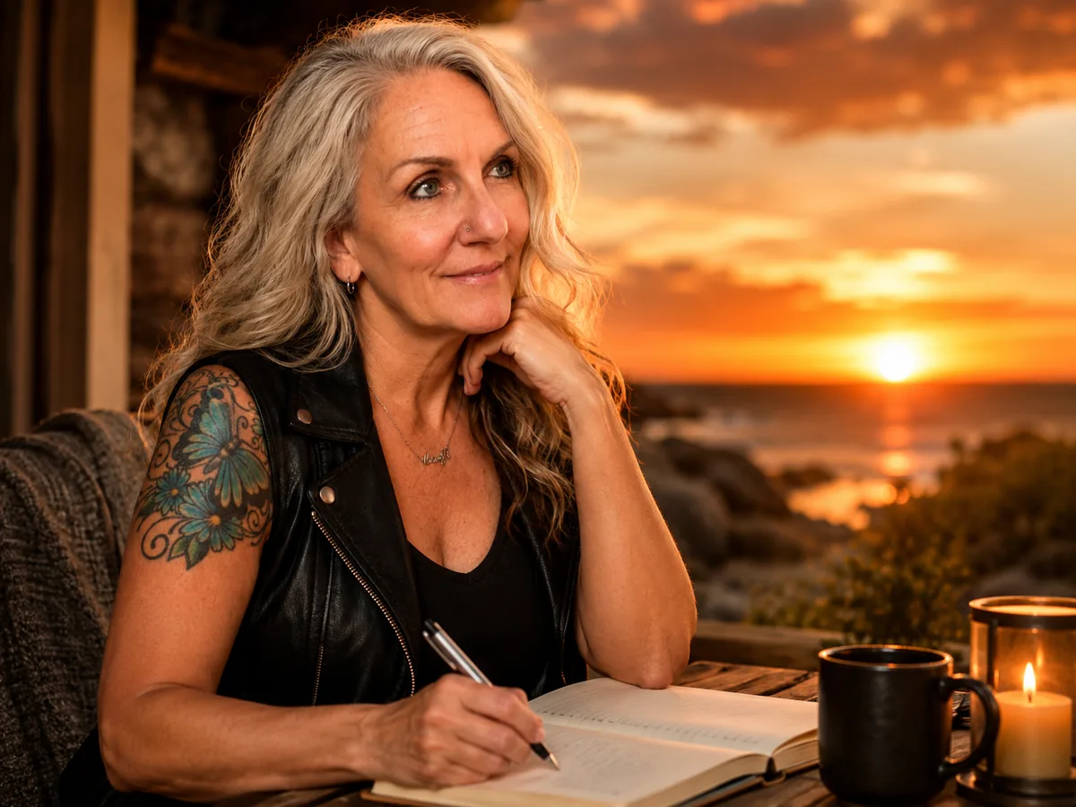 Cindy journaling at sunset by the ocean, living her everyday life
