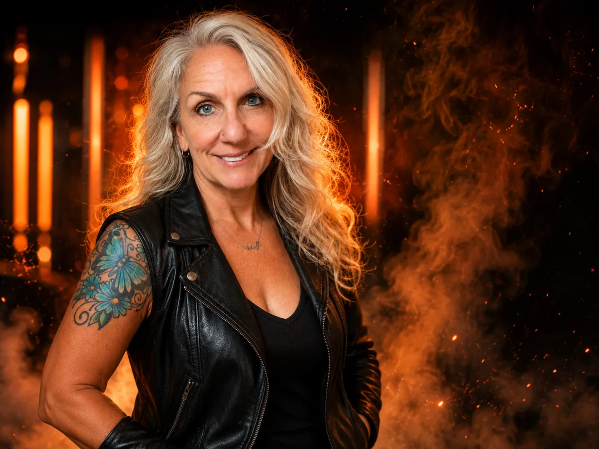 Cindy smiling in a black leather vest against a warm orange-lit background