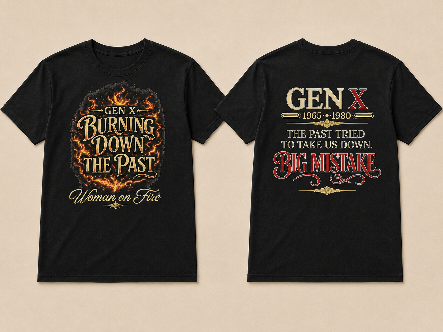 Front and back mockup of the Gen X Burning Down the Past black T-shirt