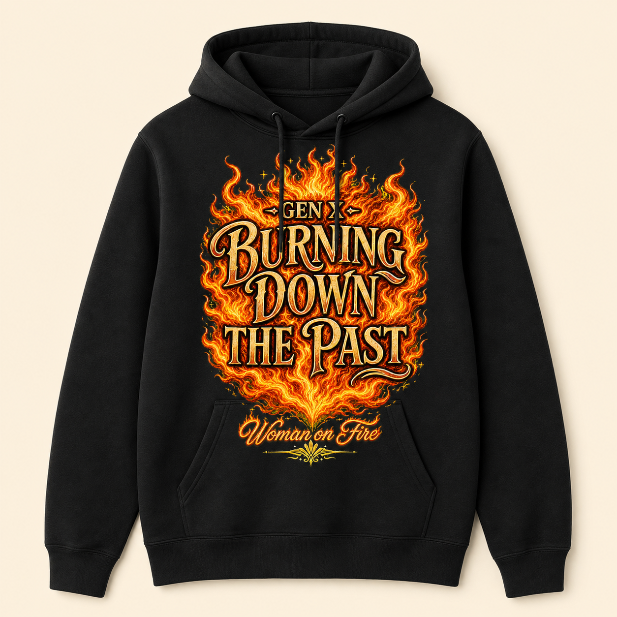 Front-only black Gen X Burning Down the Past hoodie with the updated fiery design
