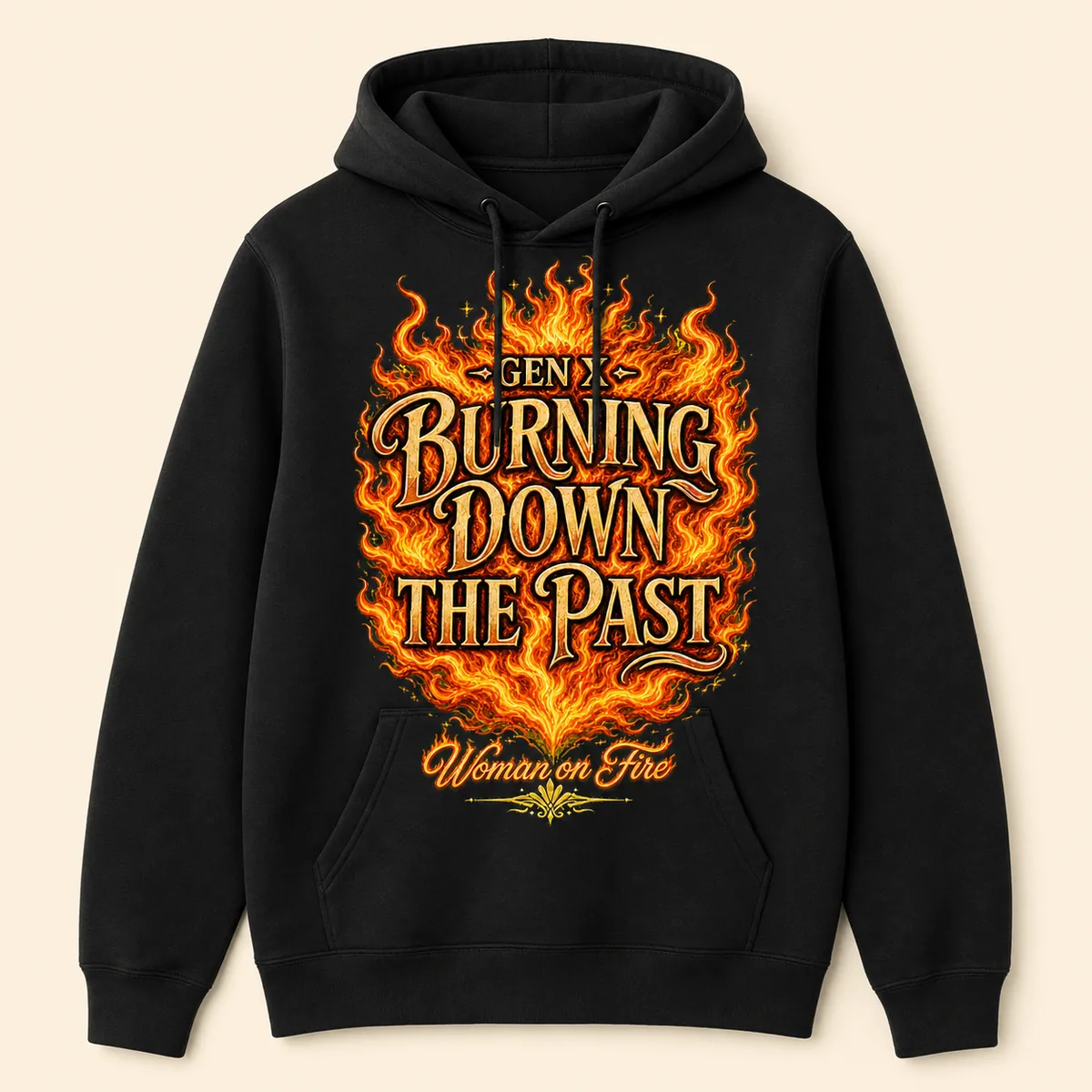 Front-only black Gen X Burning Down the Past hoodie with the updated fiery design