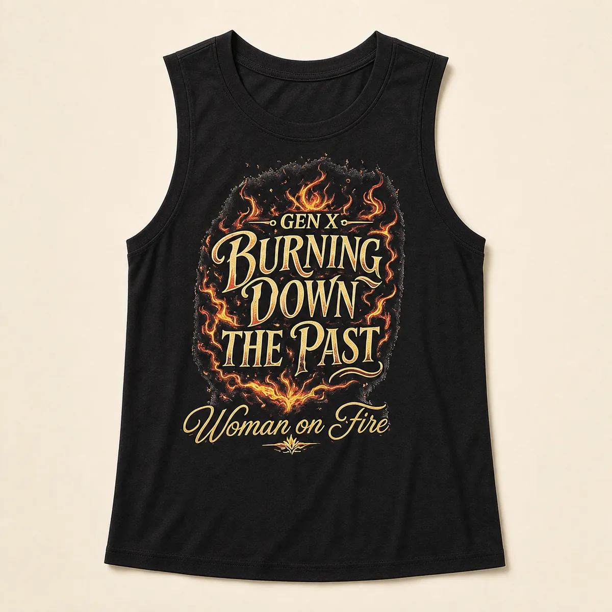 Black Gen X Burning Down the Past tank top with the updated fiery design