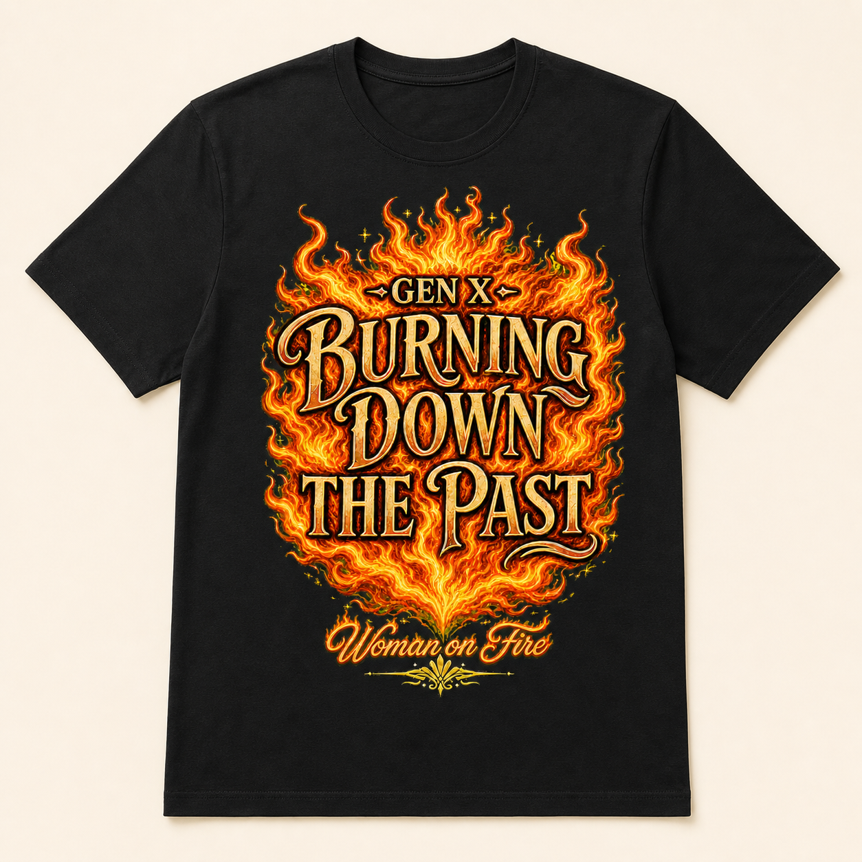 Gen X Burning Down the Past T-shirt with the updated fiery design