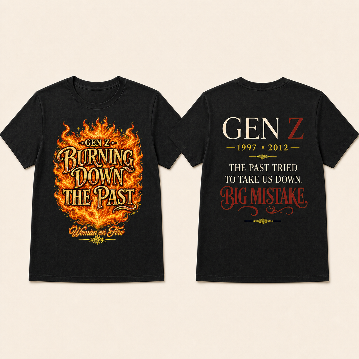 Front-and-back Gen Z Burning Down the Past T-shirt mockup