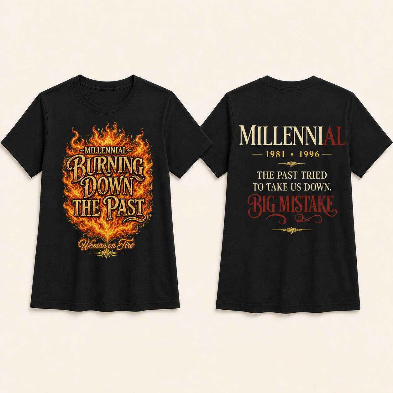 Front-and-back Millennial Burning Down the Past T-shirt mockup